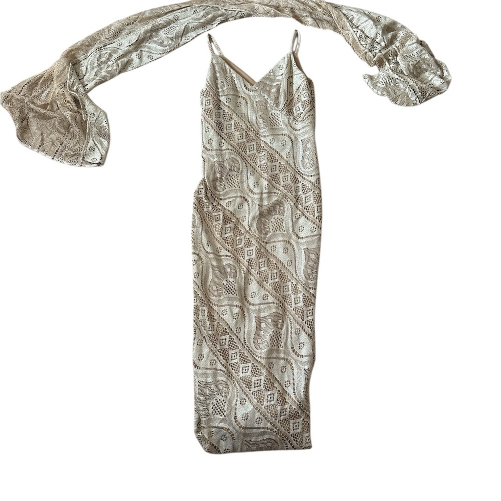 Frances Petite Elegant Beige Patterned Maxi Dress with Shawl